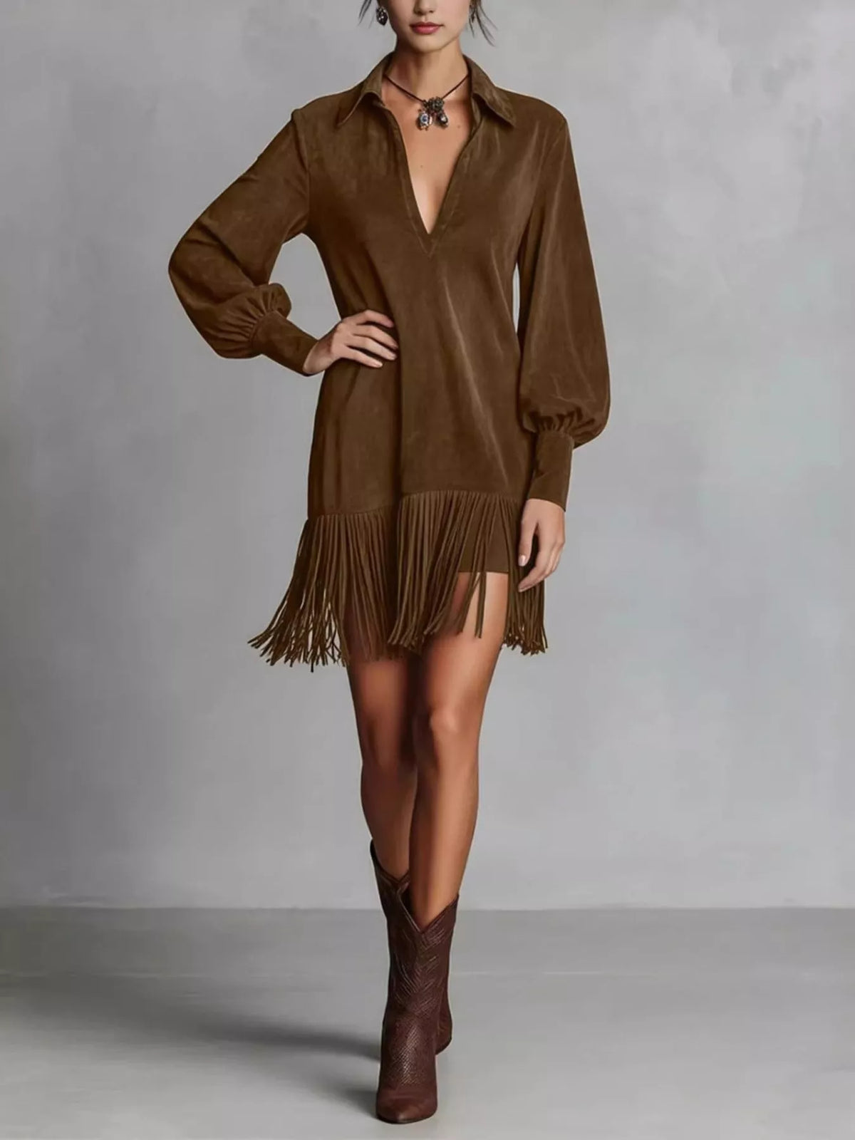 Coffee-brown fringed stretch dress with V-neck, lantern sleeves, and tassel hem