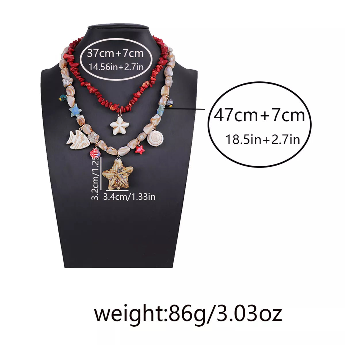 Shell charm necklace on display with 47cm+7cm length and 86g weight markings