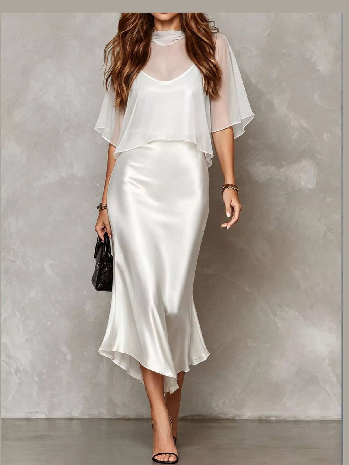 White satin cami midi dress with sheer cape sleeves and layered flounce hem