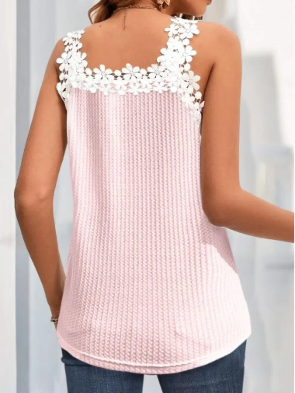 Blush pink square-neck lace-trim tank top with floral lace along back straps