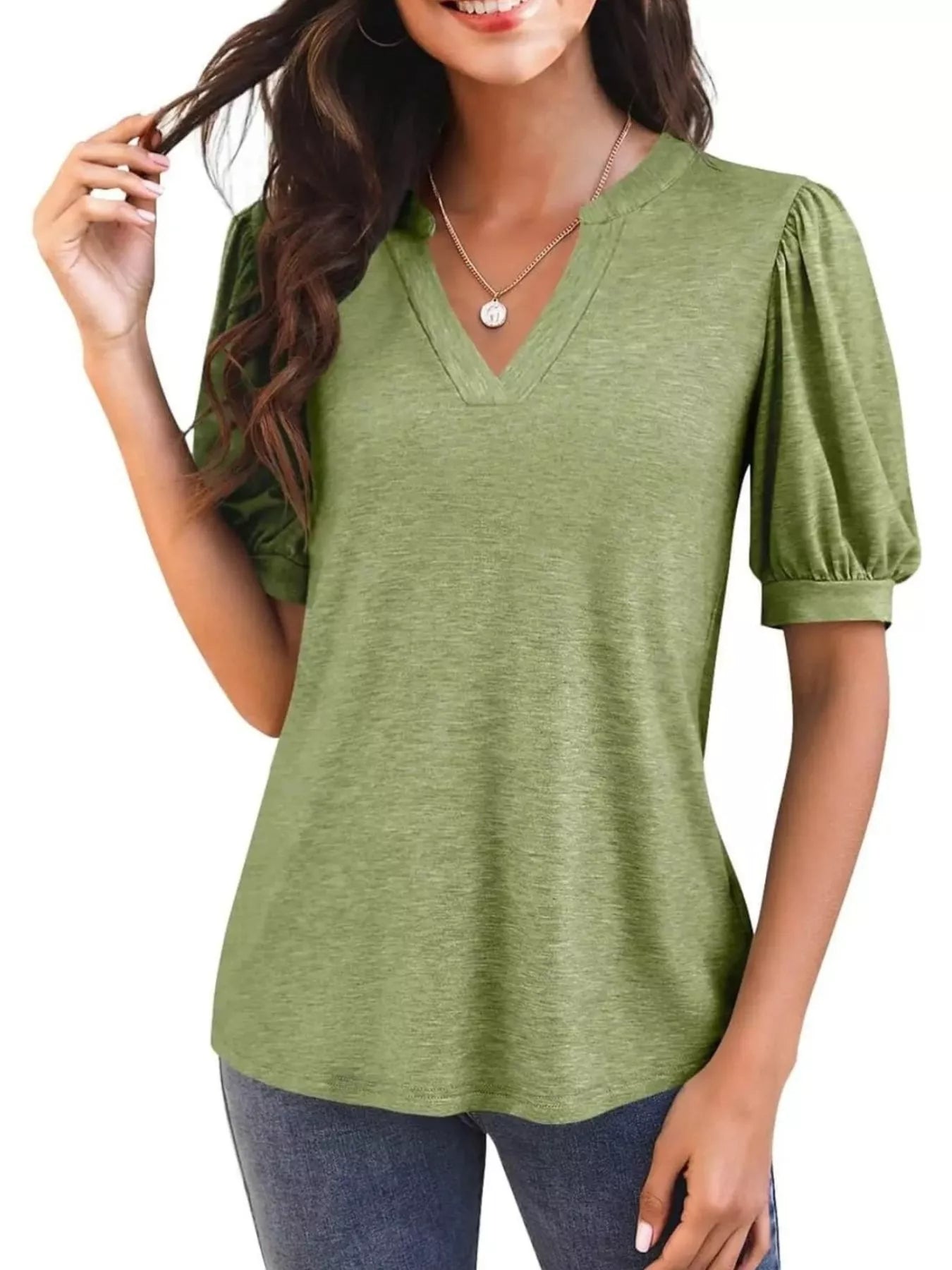 Cedar & Moore Puff Sleeve Notched Casual T-Shirt in olive green with V-neck by Trendsi