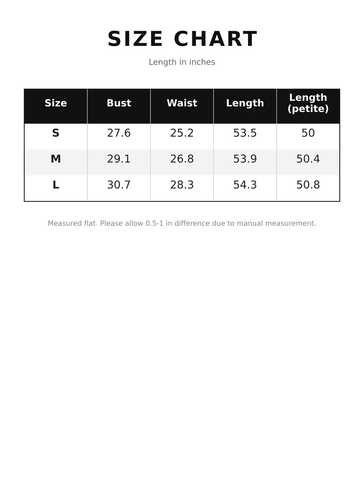 Size chart for cotton maxi dress: bust, waist, and length in inches (S–L)