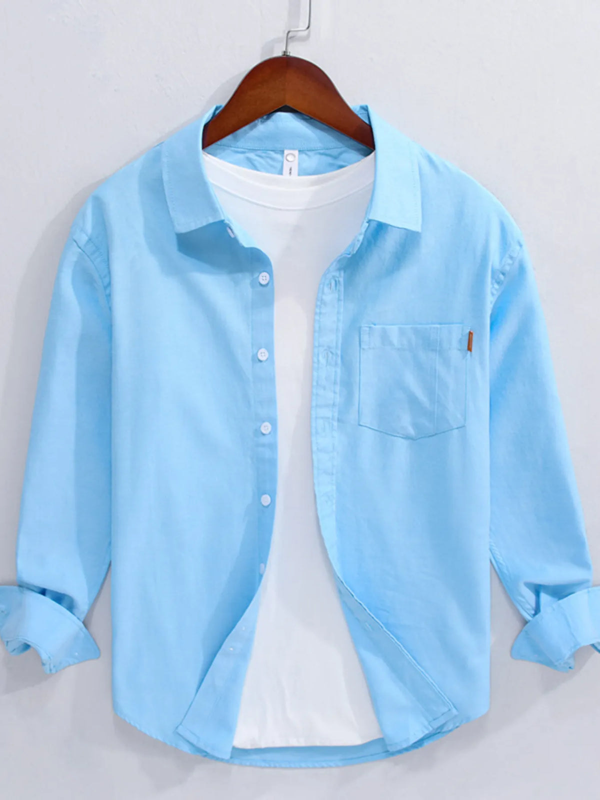 Men's cotton button-up long sleeve shirt, light blue, chest pocket and collar