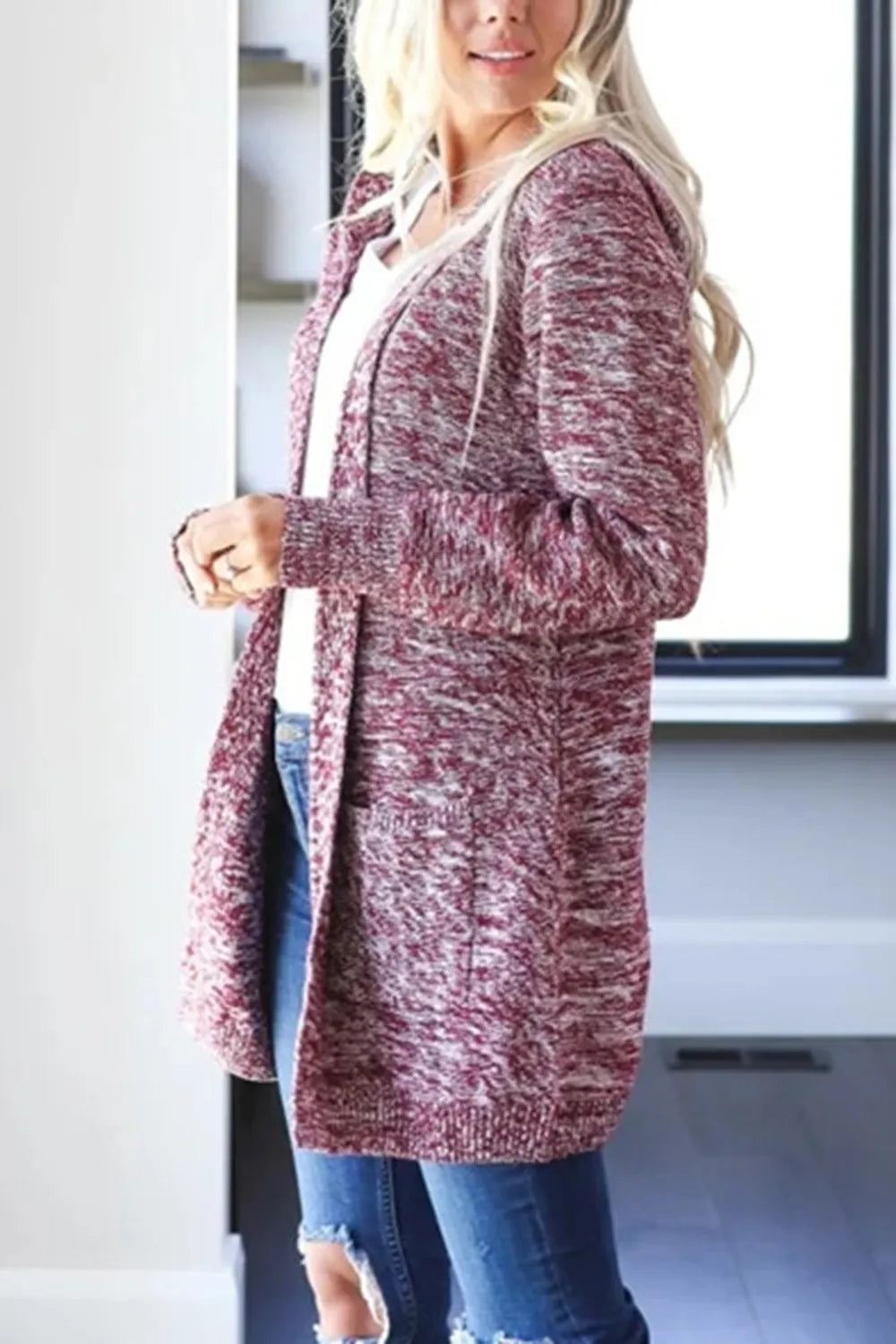 Heathered open-front cardigan, deep purple heather with hood and front pockets