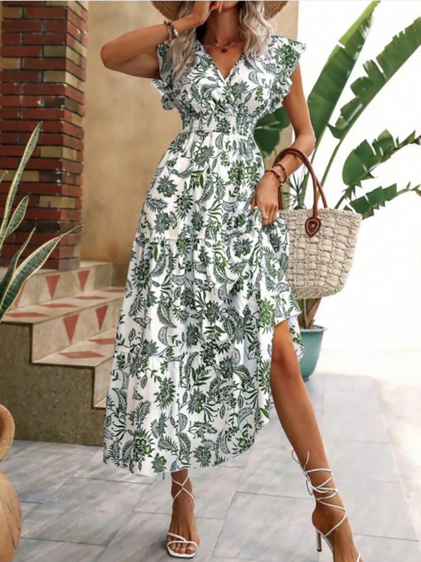 Floral print ruffle sleeve midi dress with green foliage pattern, V-neck and fitted waist