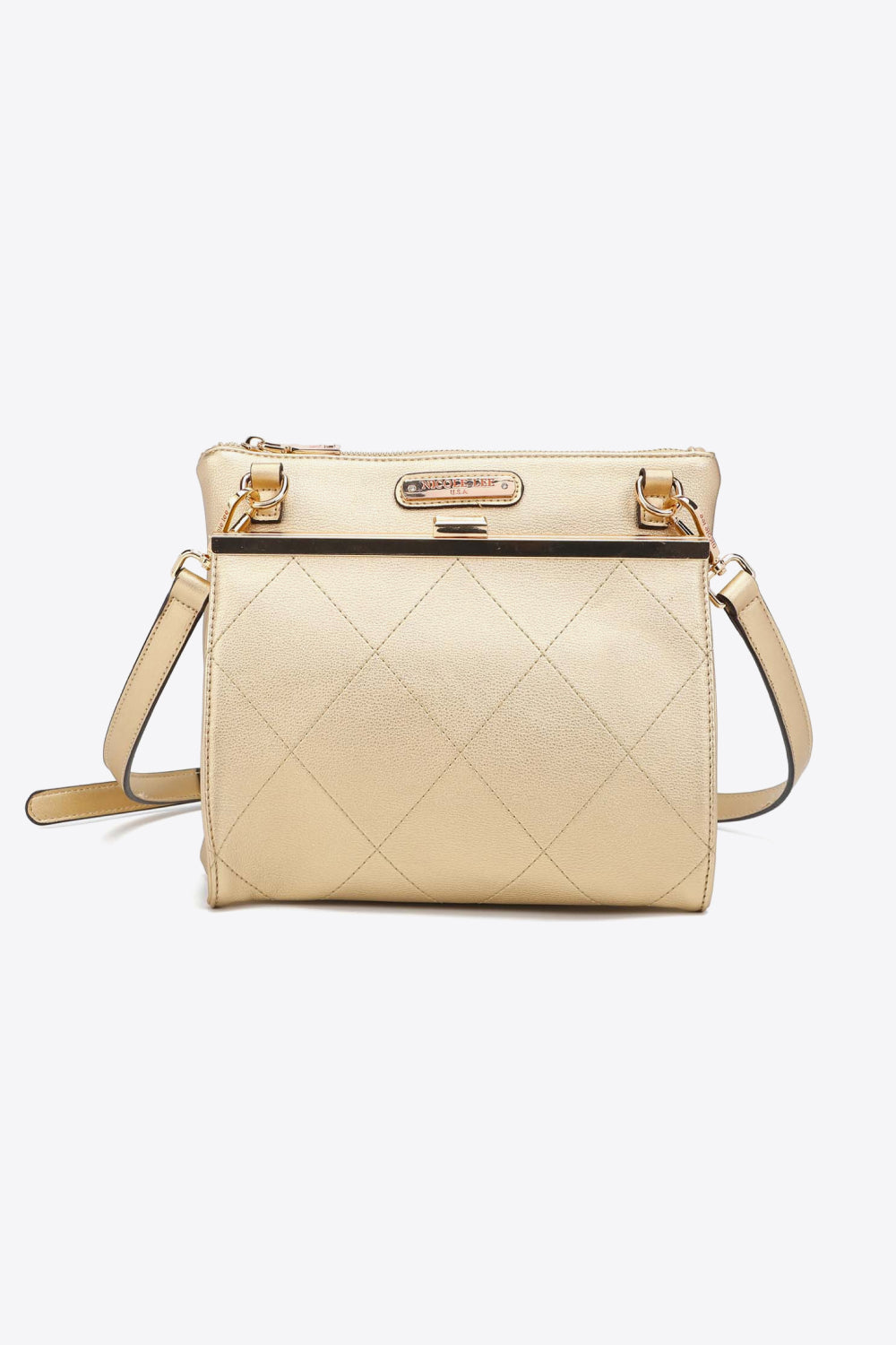 Beige quilted crossbody handbag with front clasp and gold tone hardware