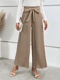 Camel wide-leg long pants with elastic waist and tied bow, pleated vertical texture