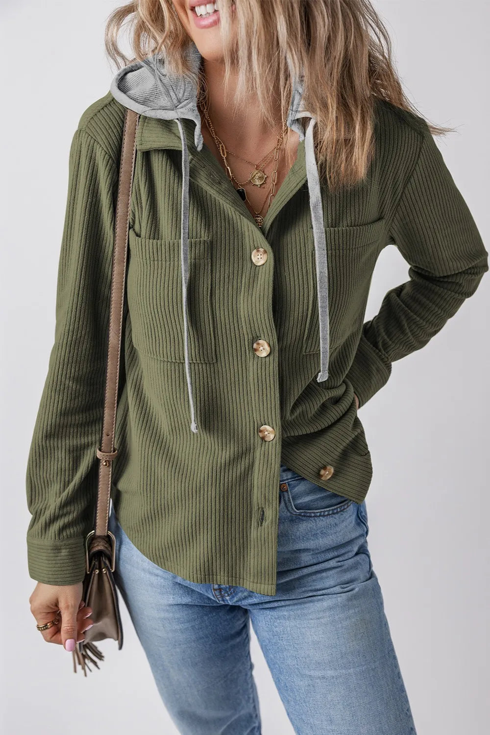 Olive green corduroy hooded button-up jacket with drawstring and long sleeves