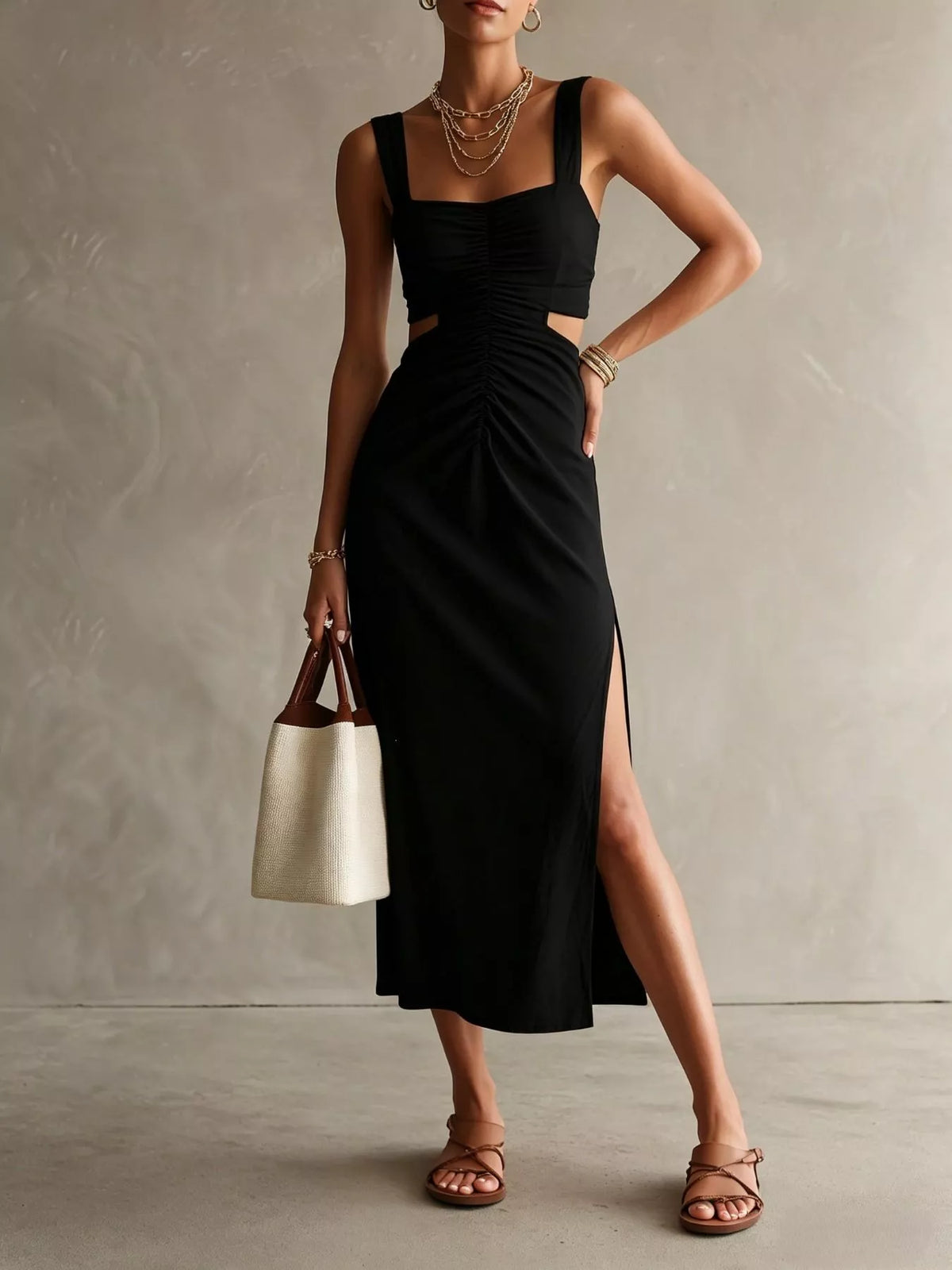 Black ruched midi dress, square neckline, sleeveless cut-out bodice, side slit