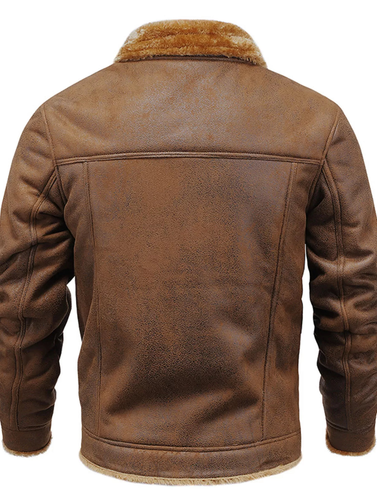 Coffee-brown snap-front jacket with thick fur collar, back view