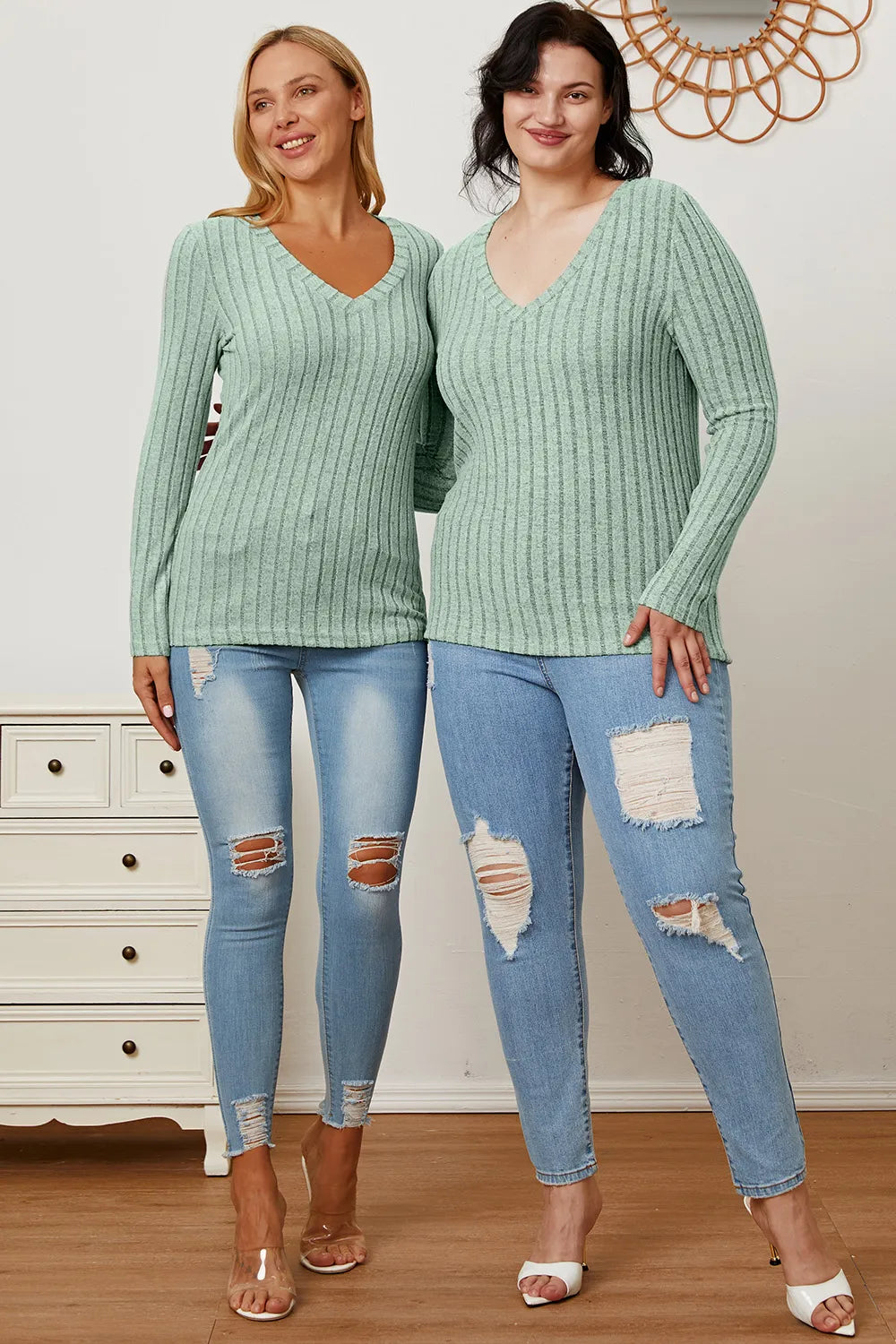 Cedar & Moore Basic Bae full-size ribbed V-neck long-sleeve T-shirt, mint green, worn by two models