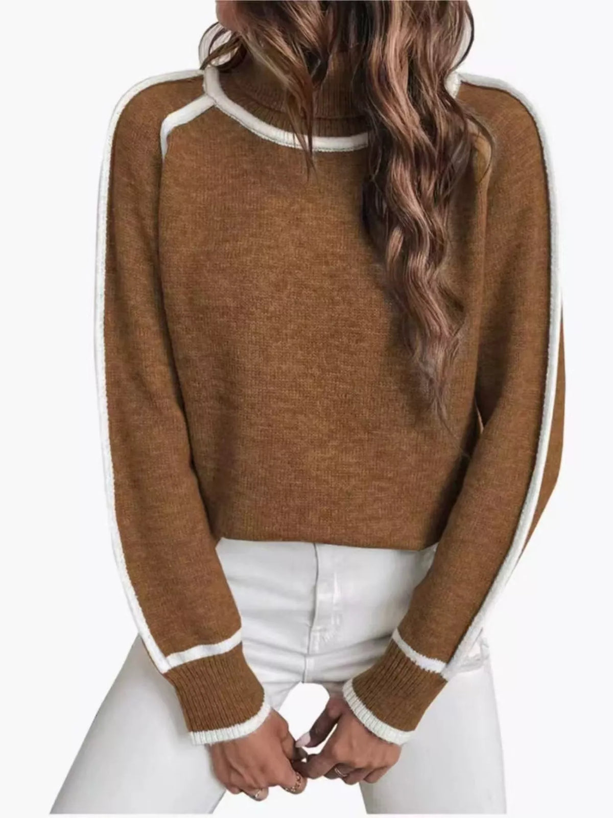 Brown heather turtleneck sweater with white contrast sleeve stripes and ribbed knit cuffs