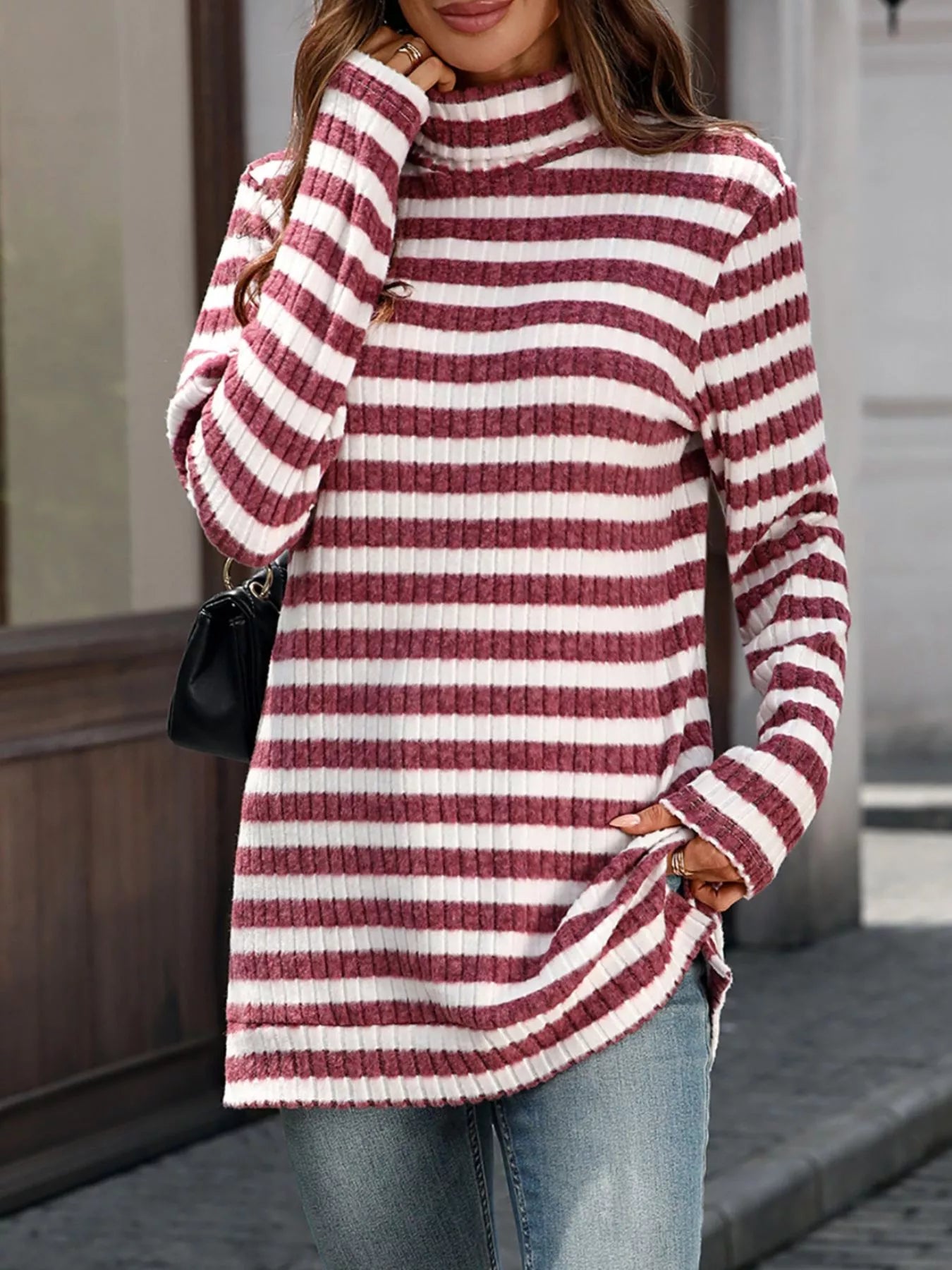 Striped turtleneck long sleeve knit top in white and burgundy with side knot detail