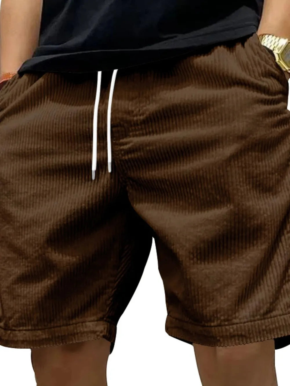Men's drawstring shorts with side pockets, coffee brown fabric and white drawstring