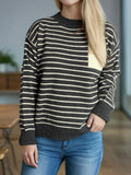 Striped mock neck long-sleeve sweater in dark charcoal with cream horizontal stripes