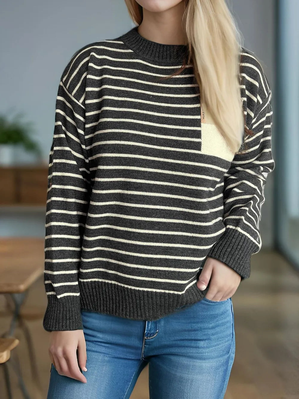 Striped mock neck long-sleeve sweater in dark charcoal with cream horizontal stripes