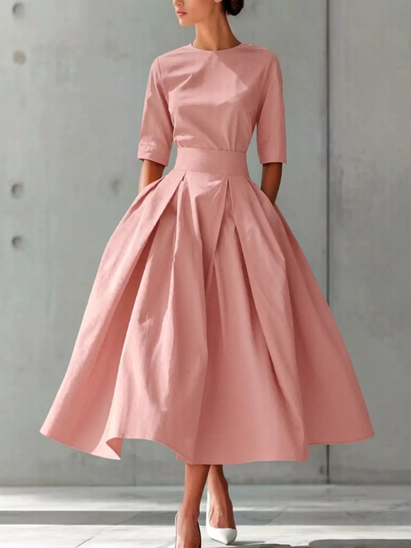 Dusty pink round-neck A-line midi dress with short sleeves and flared pleated skirt