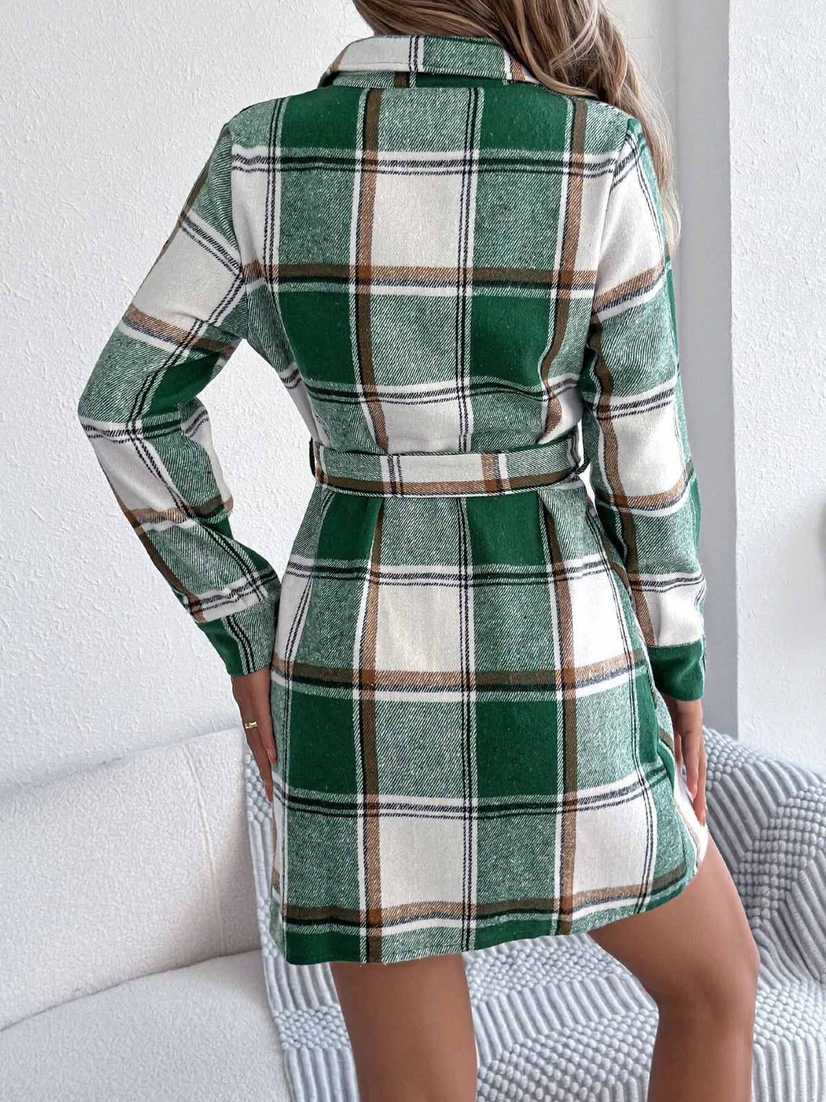 Green plaid belted button shirt dress back view with waist tie belt and long sleeves