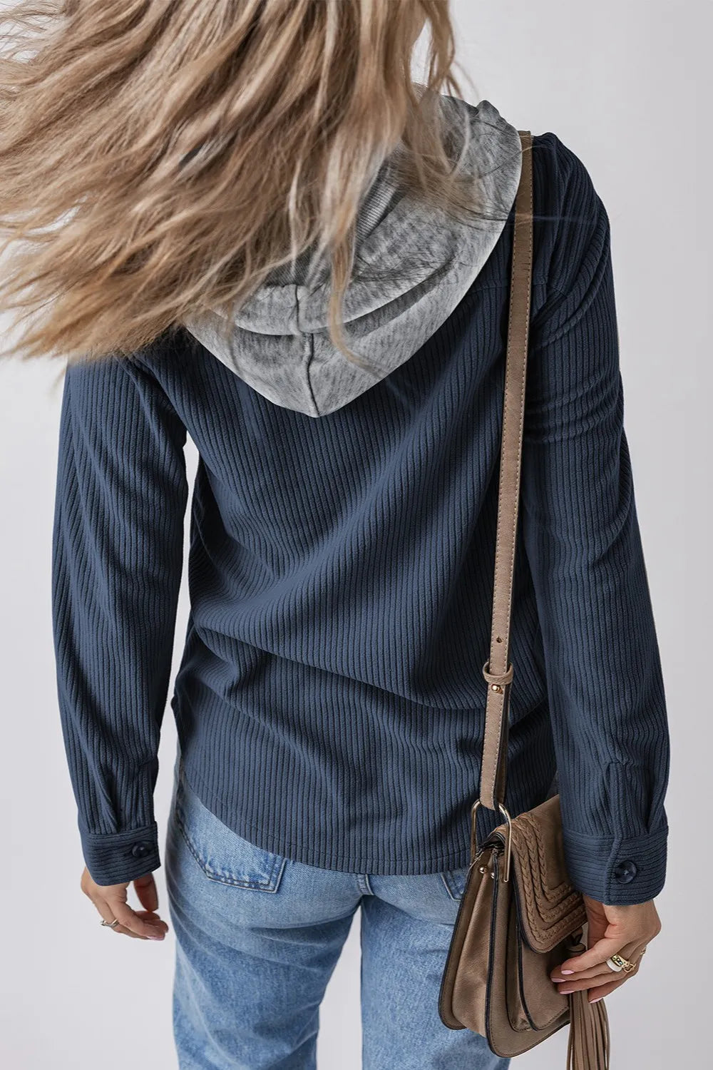 Navy ribbed hooded jacket with drawstring, long sleeves, back view
