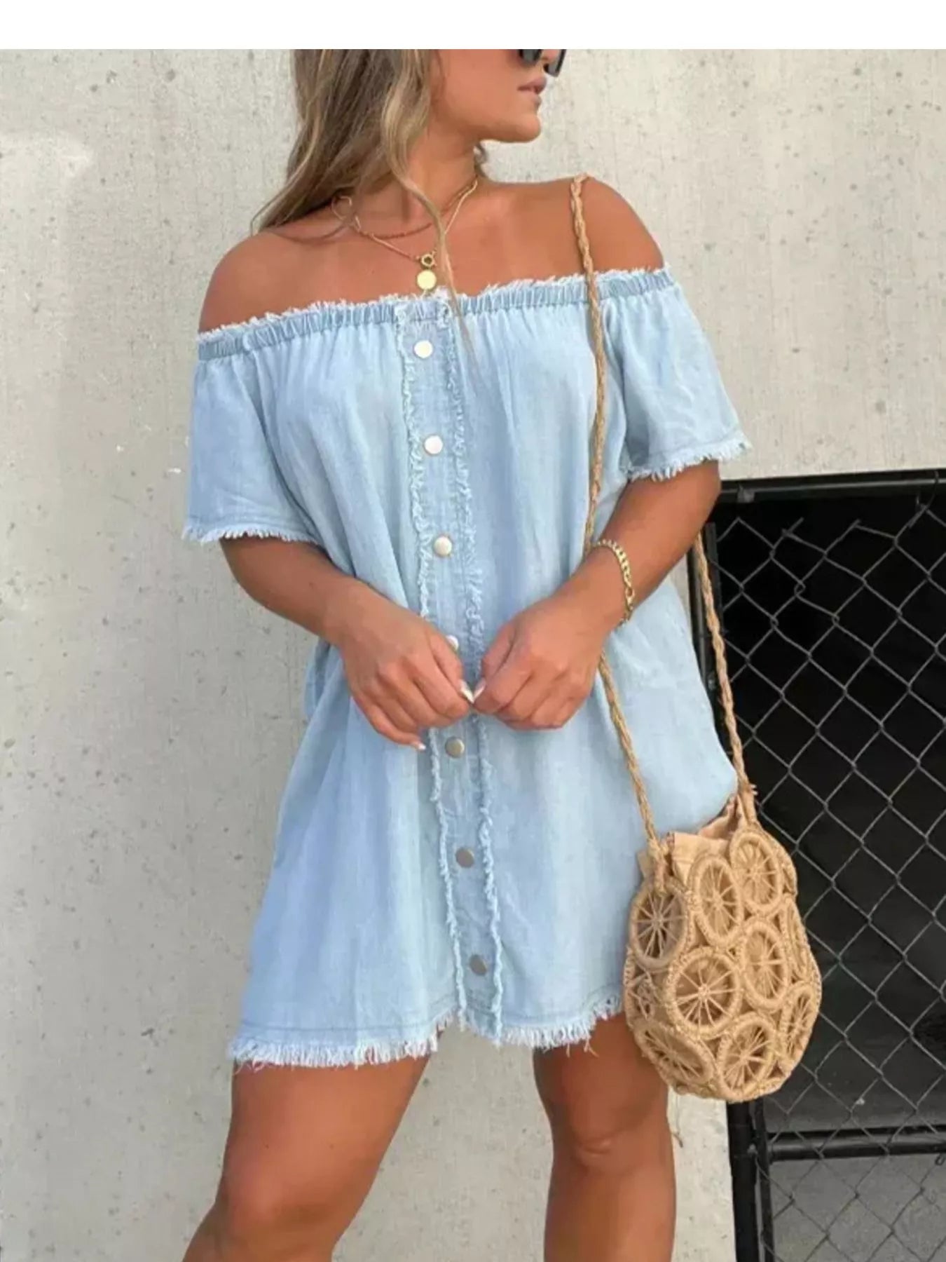 Cedar & Moore Plus-size off-shoulder denim dress with button-front and frayed hem