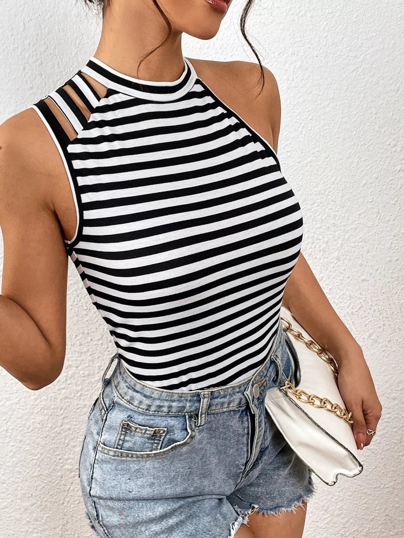 Cedar & Moore Striped cutout shoulder cami by Trendsi, black and white.