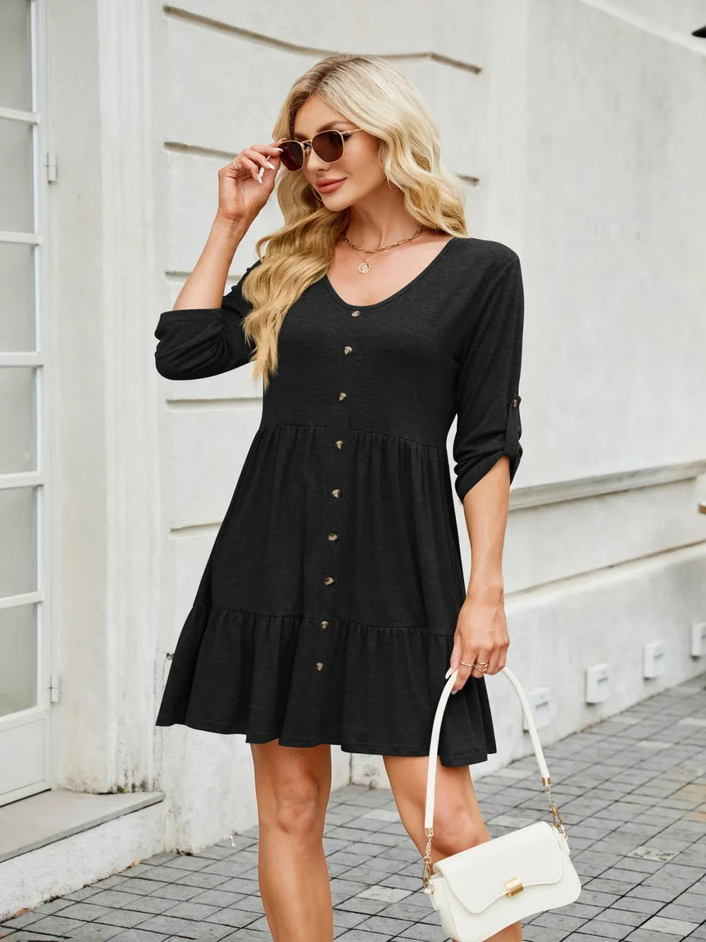 Tiered ruched V-neck mini dress, black, button-front, 3/4 sleeves