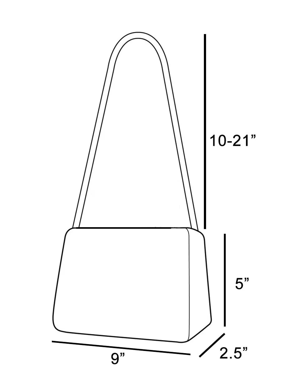 Measurement diagram of shoulder bag: 10-21 in tall, 9 in wide, 5 in high, 2.5 in deep.