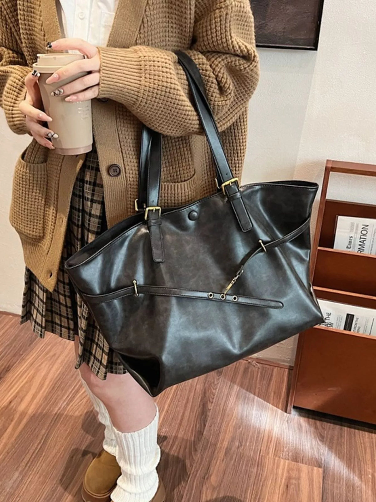 Large vegan leather tote bag, black, top handles, front zipper pocket