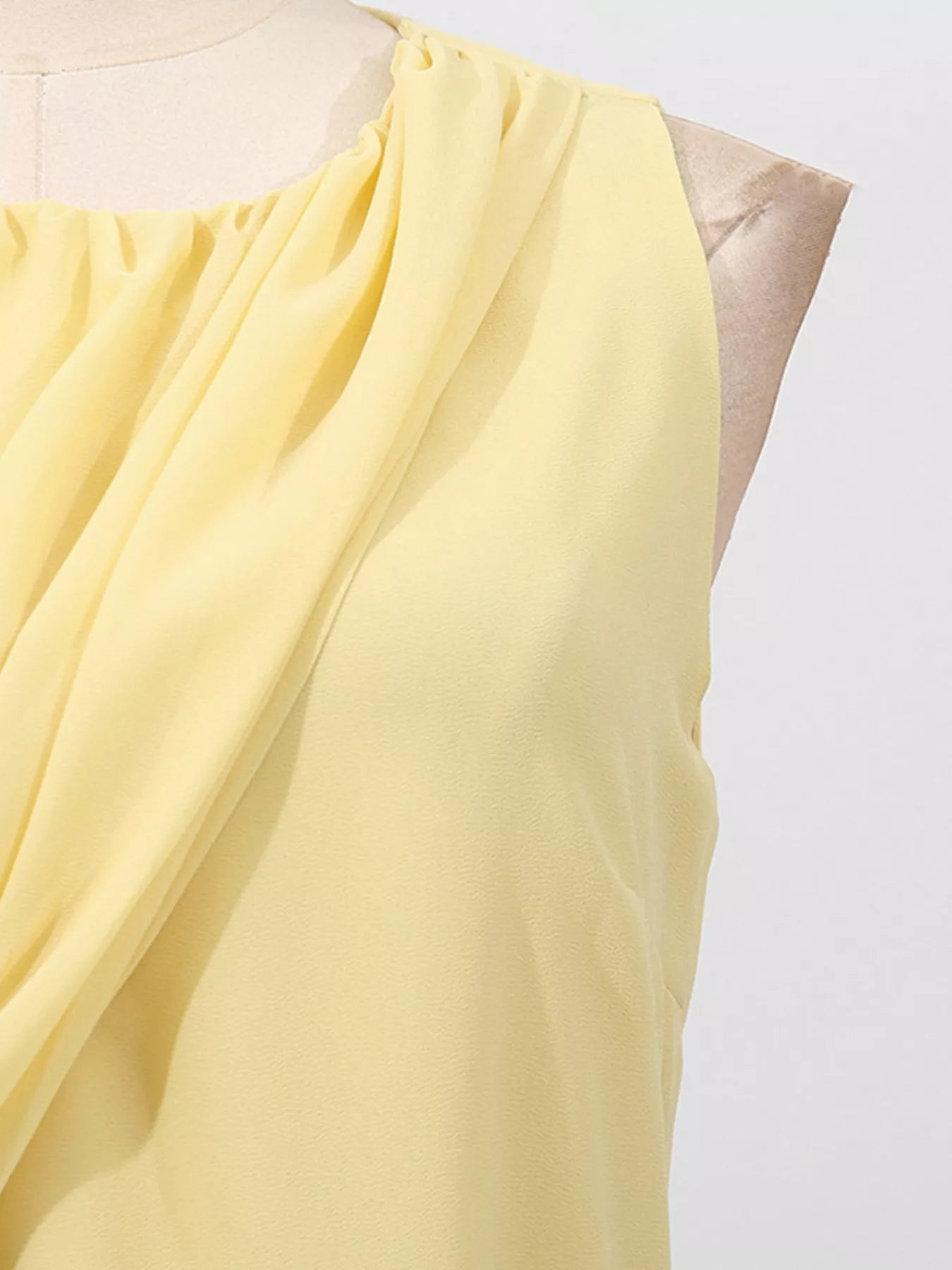Cedar & Moore Sleeveless Ruched High-Slit Maxi Dress in pale yellow with zipper detail
