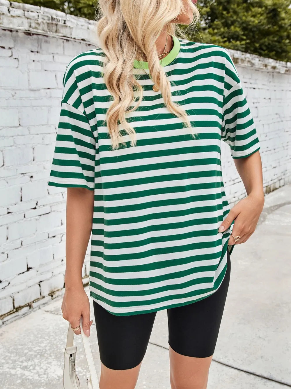 Dark green and white striped round-neck short-sleeve T-shirt, back view