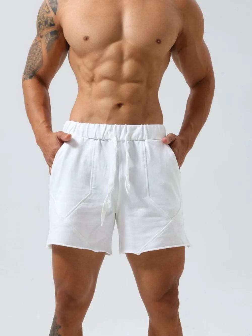 Men's plus-size drawstring elastic waist shorts, white, elastic waistband and front pockets