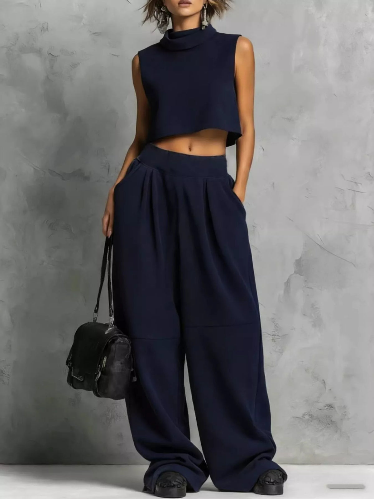 Sleeveless mock crop top and sweatpants set, navy blue high-neck crop top and pleated wide pants