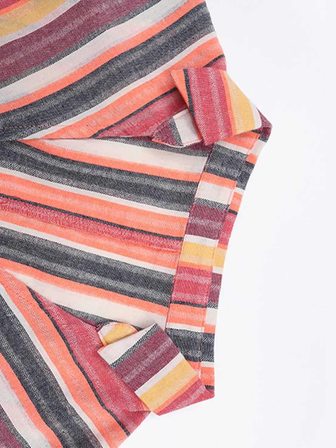 Striped surplice short-sleeve dress in coral, pink, orange, gray stripes.