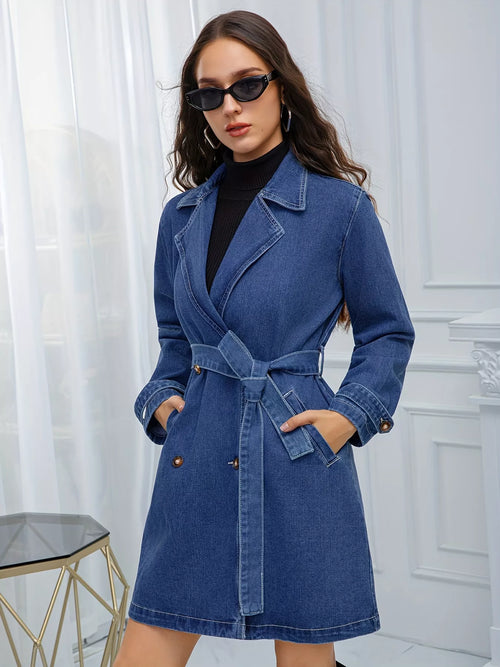 Blue denim belted double-breasted jacket with notch collar and long sleeves