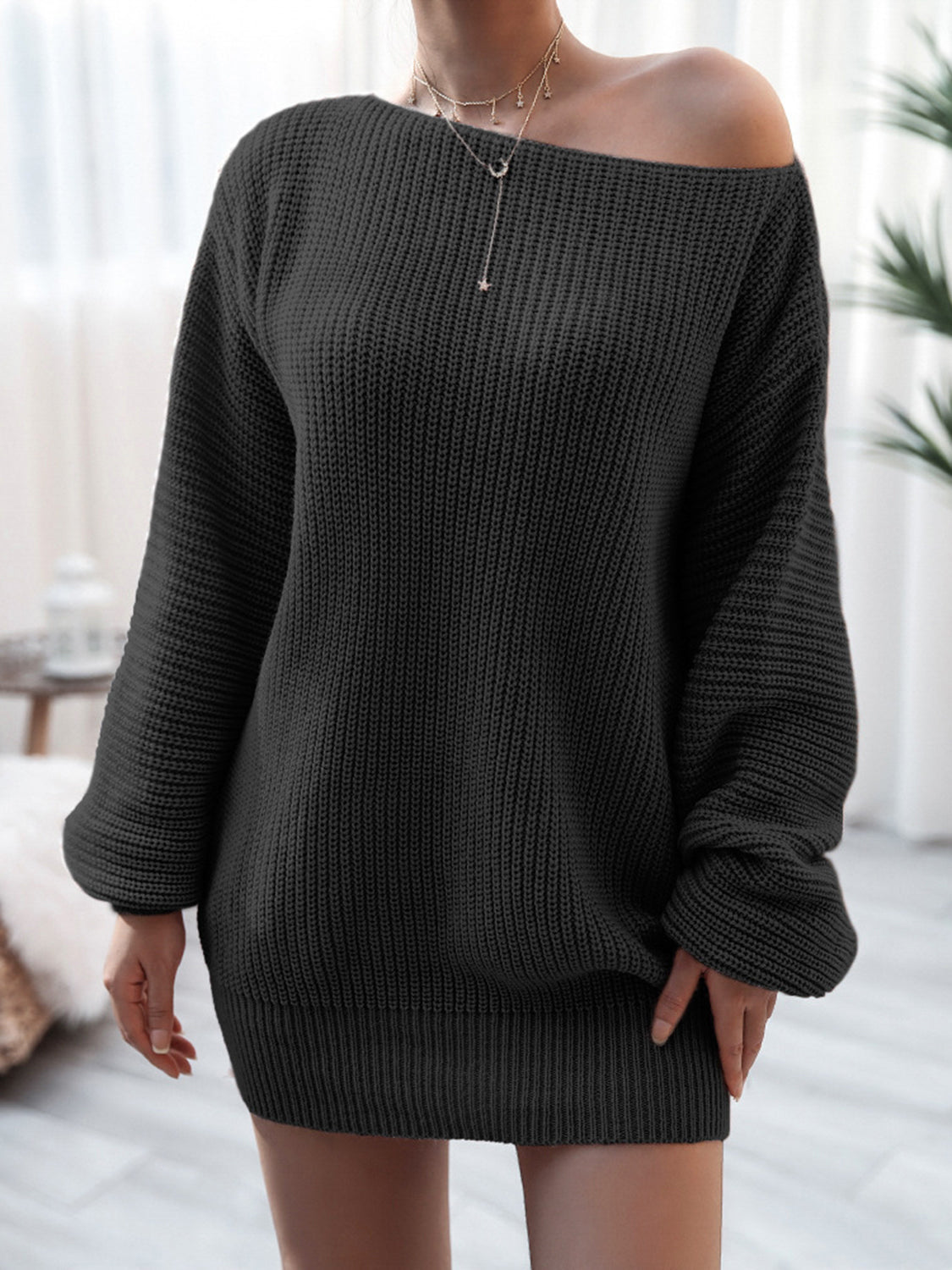 Rib-knit mini sweater dress, black, wide off-shoulder neckline, long sleeves