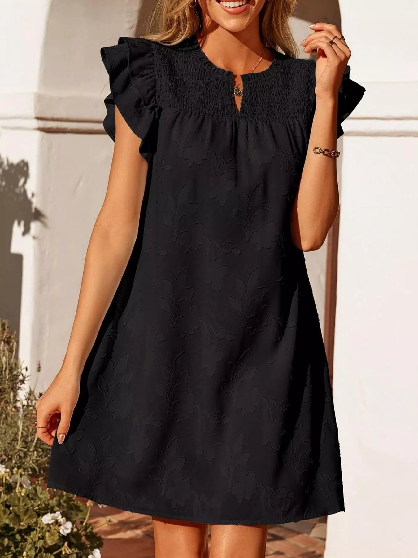 Floral embossed ruffle-sleeve mini dress by Trendsi in black