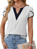 Notched Petal Sleeve Blouse, white with black V-neck trim, short sleeves