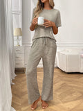 Ribbed knit lounge set with short-sleeve top and wide-leg pants, heather gray