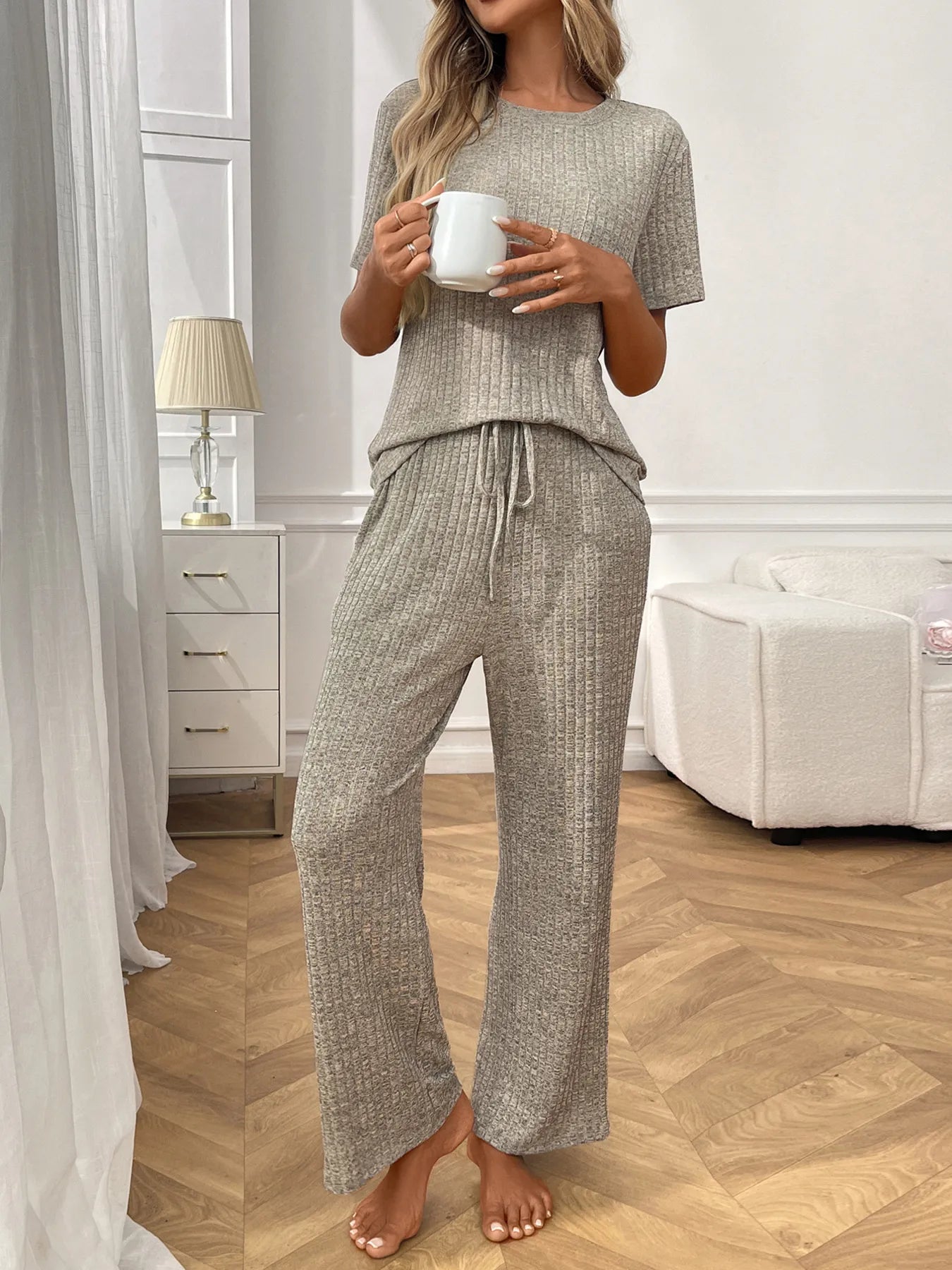 Ribbed knit lounge set with short-sleeve top and wide-leg pants, heather gray