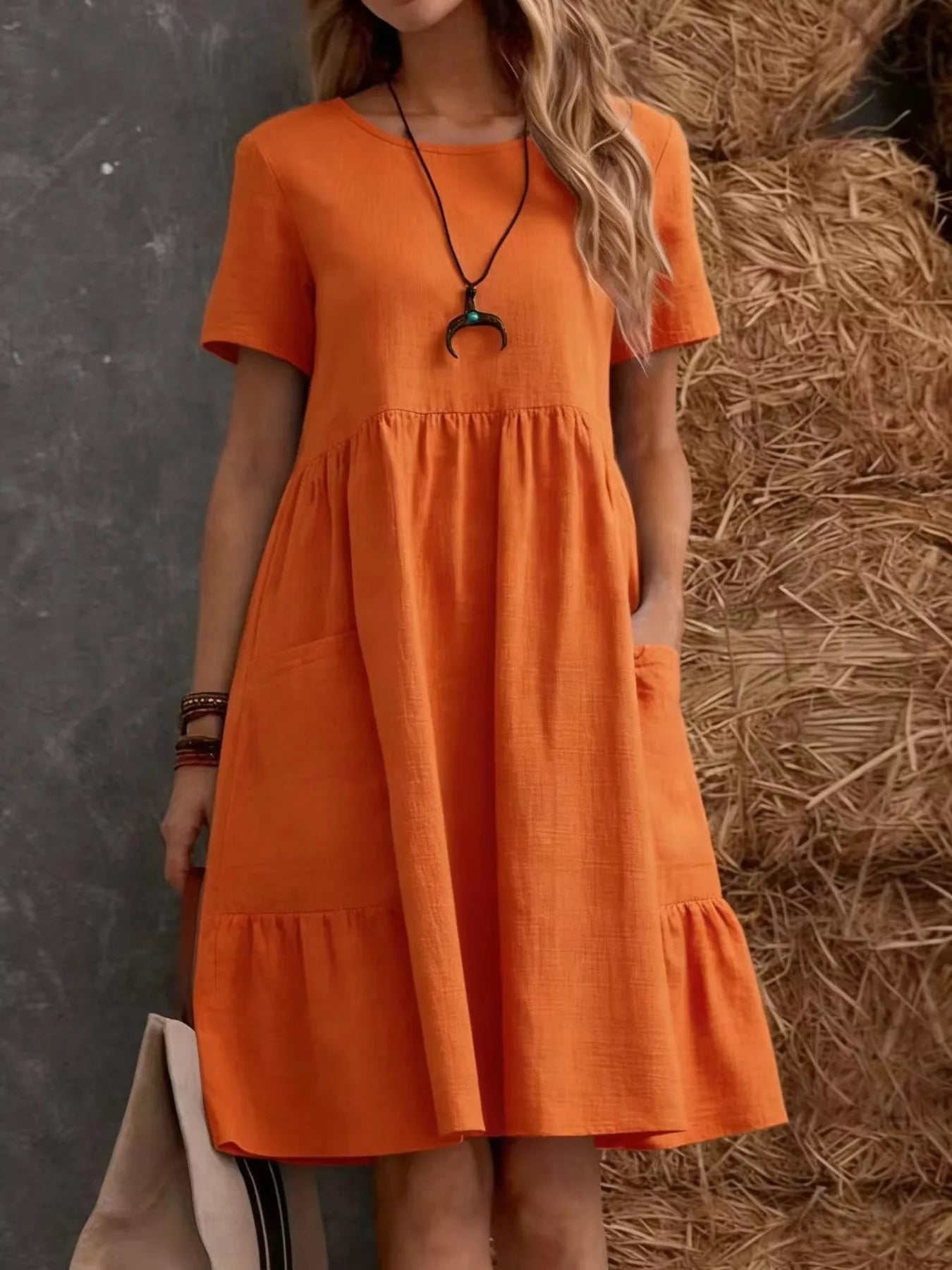 Cedar & Moore full-size casual loose-fit tiered ruffle-hem dress, orange, Trendsi plus size
