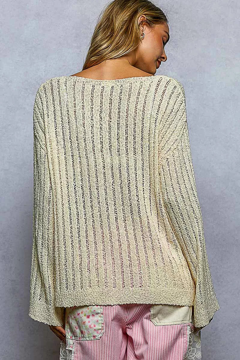 Cedar & Moore POL Round Neck Long Sleeve Open Weave Sweater, cream open-knit