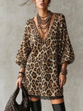 Leopard print V-neck dress with lace hem and long puff sleeves