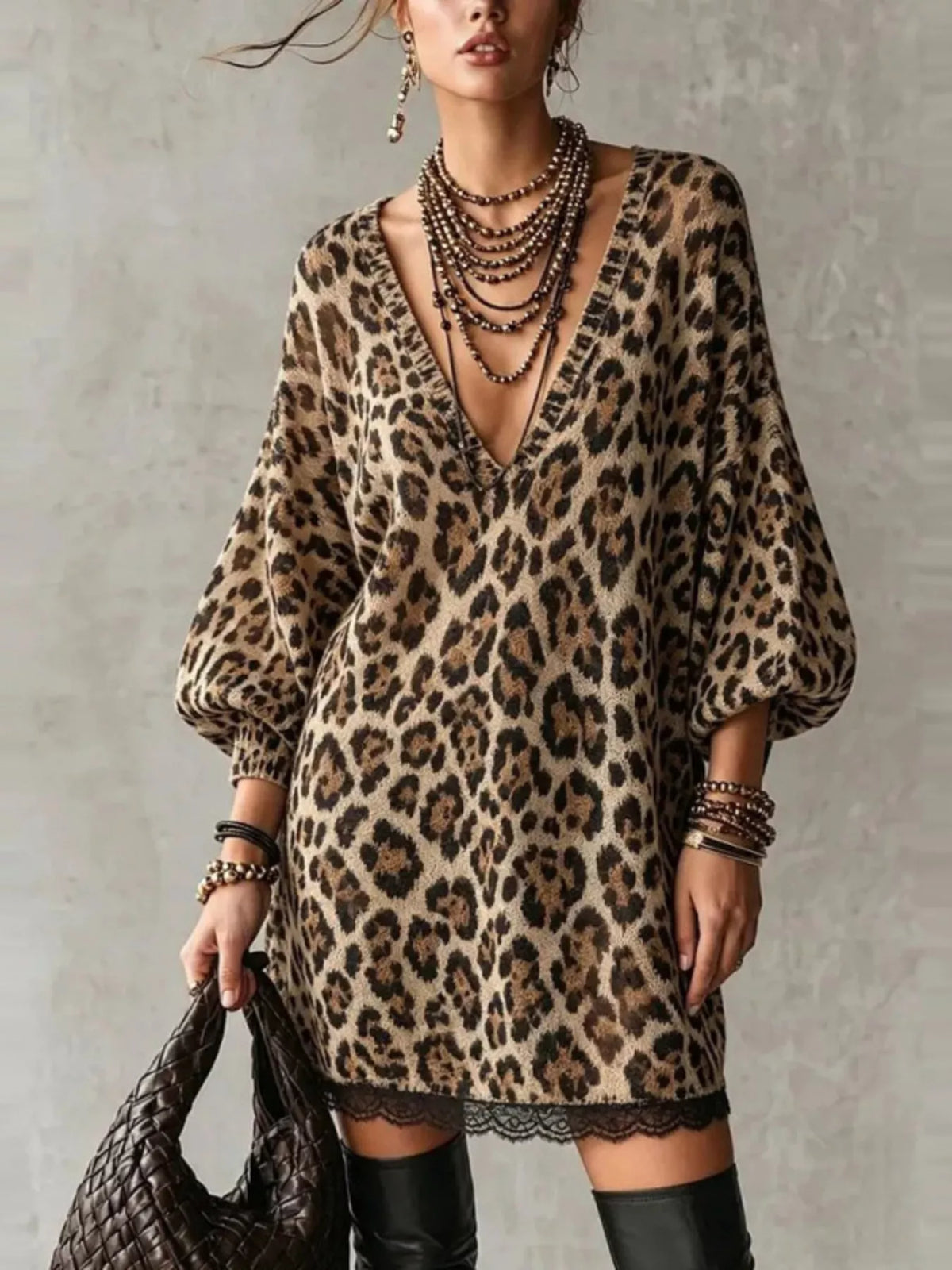 Leopard print V-neck dress with lace hem and long puff sleeves