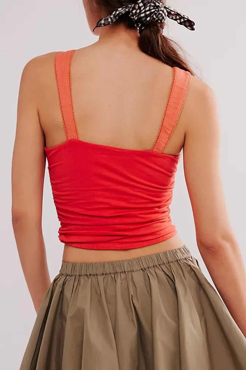 Orange square-neck wide-strap cami, scoop back with ruched fit