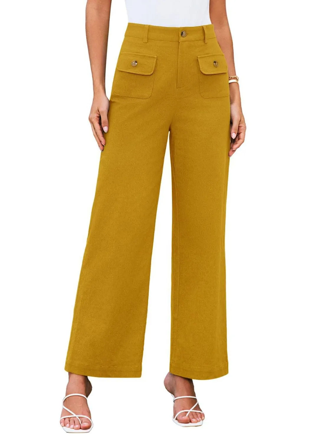 High waist wide leg pants in mustard yellow with front button and two flap pockets