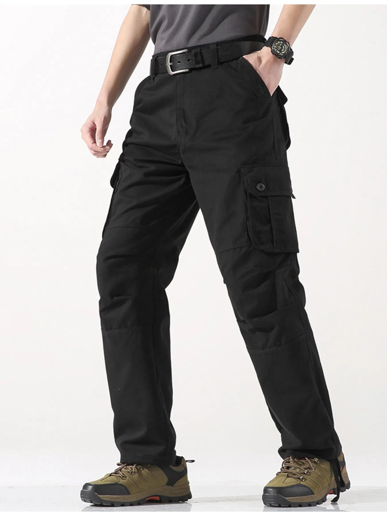 Wide leg cargo pants in black with belt and flap cargo pockets