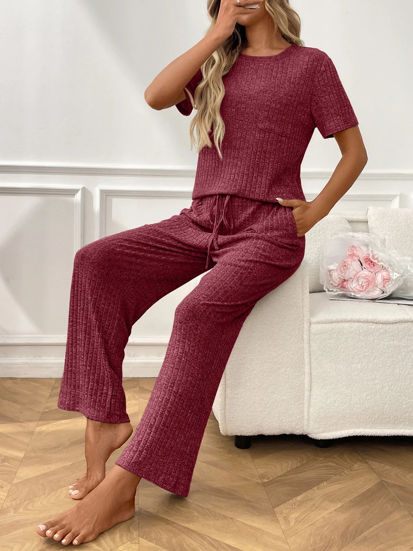 Ribbed knit lounge set in burgundy: short sleeve top with relaxed wide-leg pants