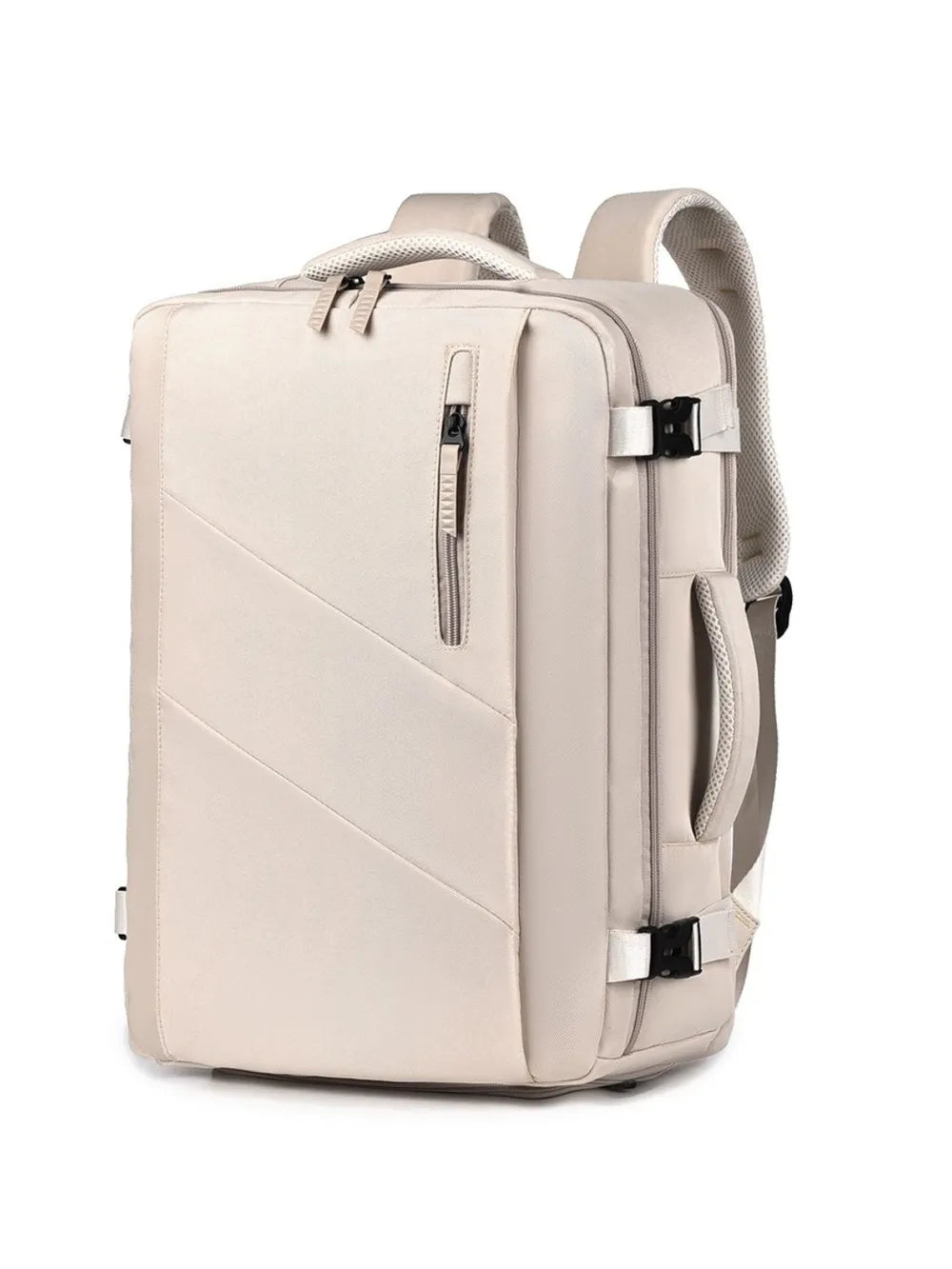 Beige backpack bag with top handle, front diagonal panel, and front zip pocket