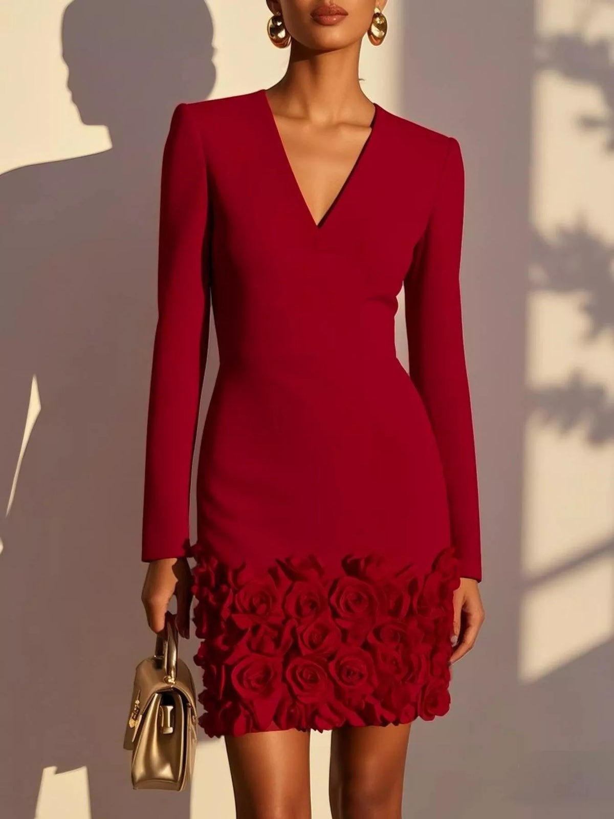 Burgundy v-neck long-sleeve mini dress with 3D rose floral hem