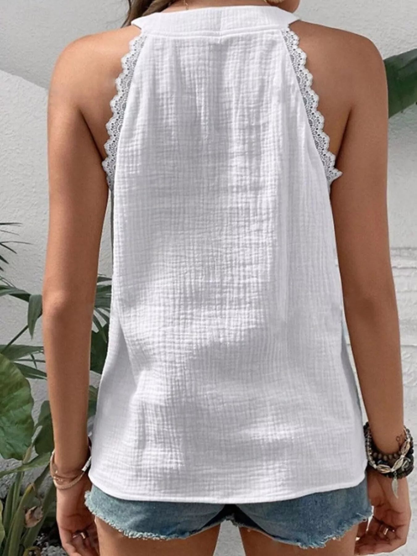 Cedar & Moore Lace Trim Notched Textured Tank, white sleeveless top with lace trim along armholes, back view